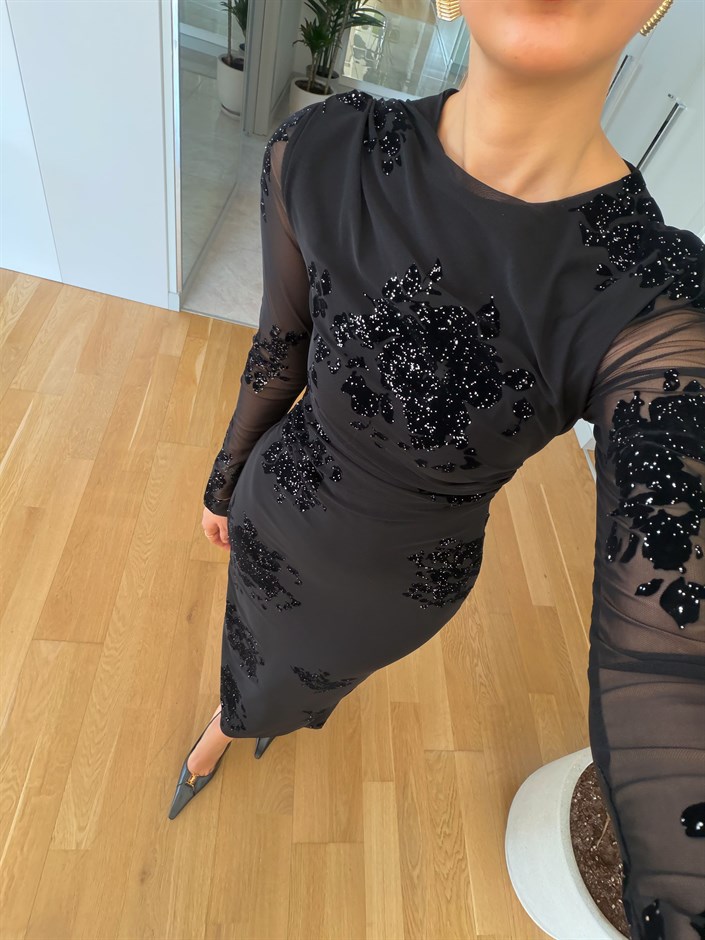 Quick Işıltılı Kolları Transpran Elbise - Siyah