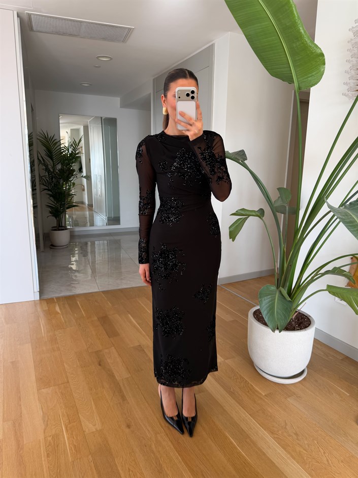 Quick Işıltılı Kolları Transpran Elbise - Siyah