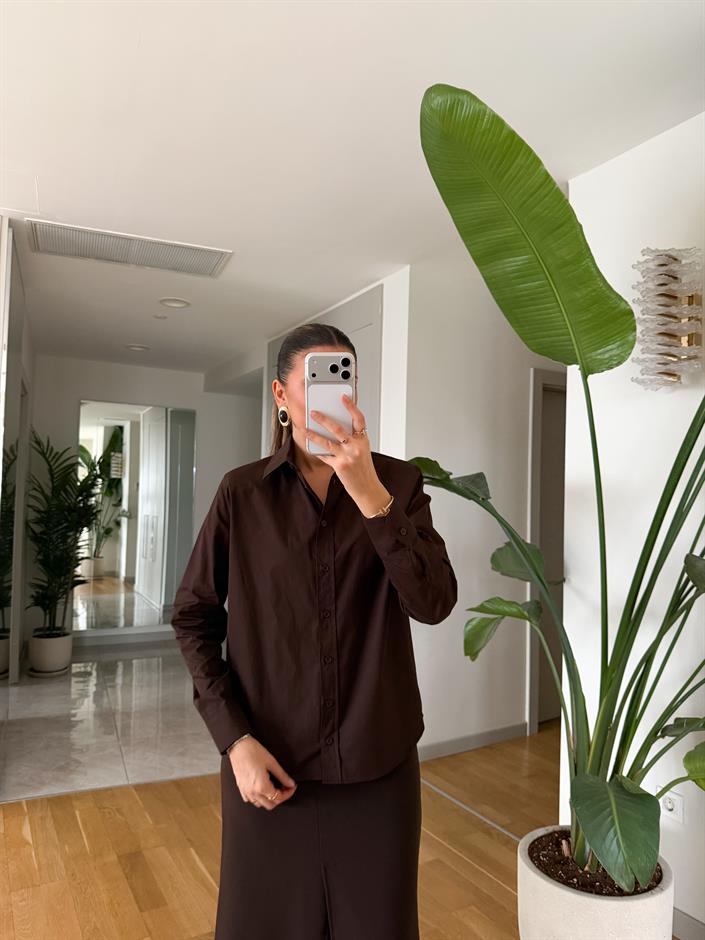 Reneta Vatkalı Basic Poplin Gömlek - Kahve