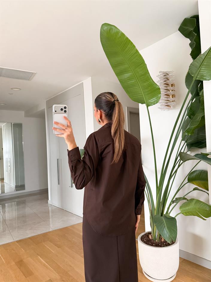 Reneta Vatkalı Basic Poplin Gömlek - Kahve