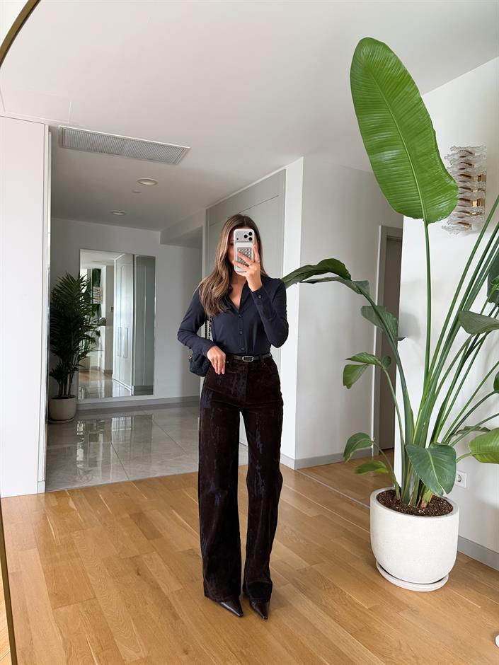 Renk Geçişli Kemerli Kadife Pantolon - Lacivert