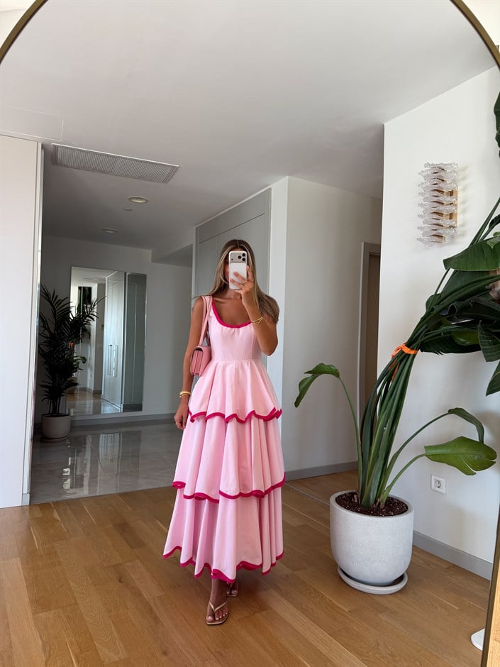 Renkli Biyeli Kat Kat Elbise - Pembe