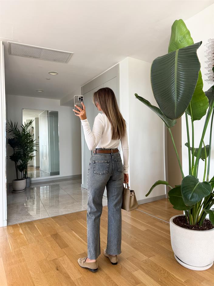Rim Kesik Paça Kemerli Jean - Mavi Tint