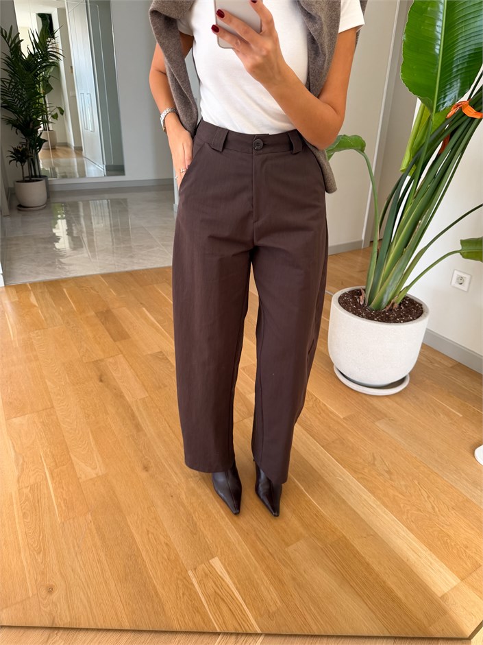 Rim Yüksek Bel Balon Pantolon - Kahve