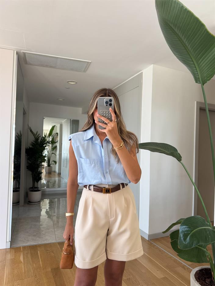 Rina Pile Detaylı Şehir Boy Şort -Bej