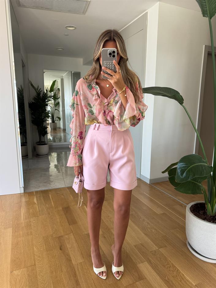 Rina Pile Detaylı Şehir Boy Şort - Pembe