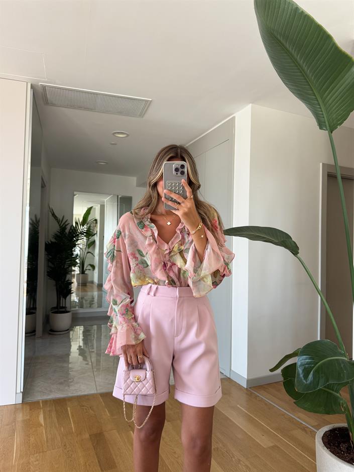 Rina Pile Detaylı Şehir Boy Şort - Pembe