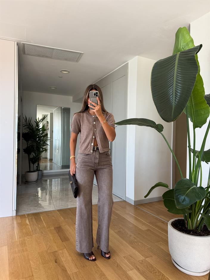 Rio Wide Leg Kesik Paça Jean - Kahve