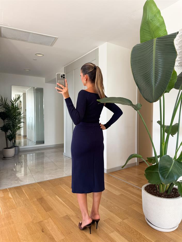 Rio Yandan Yırtmaçlı Midi Boy Etek - Lacivert