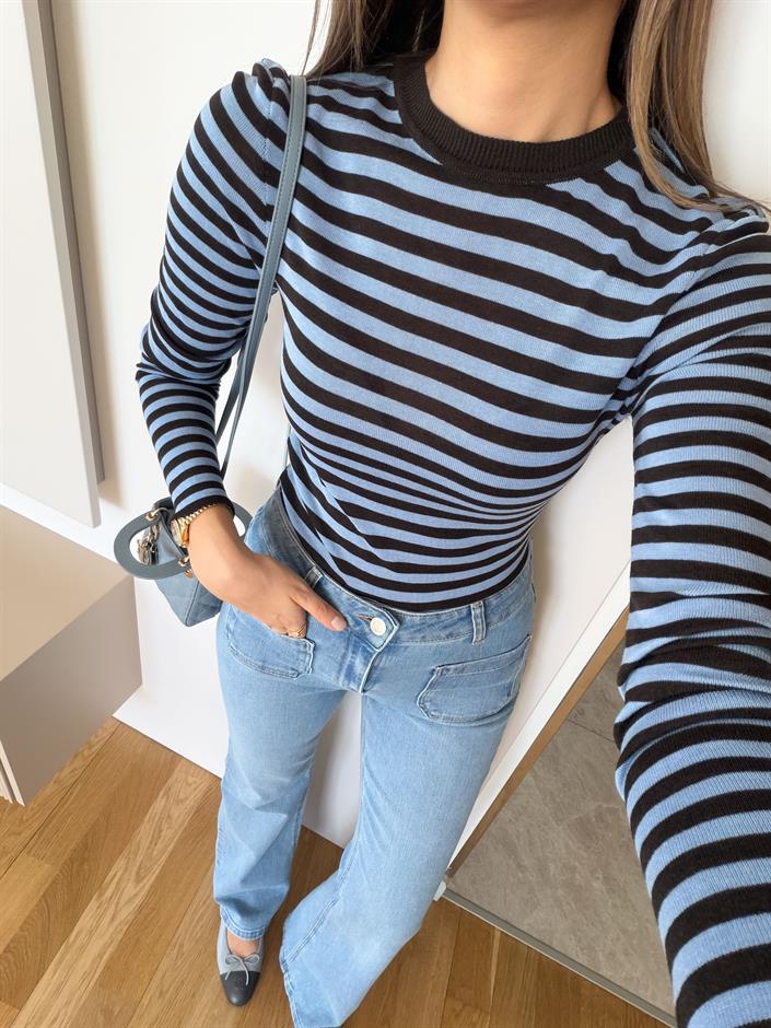 Rita Çizgili Triko Bluz - Kahve Mavi 