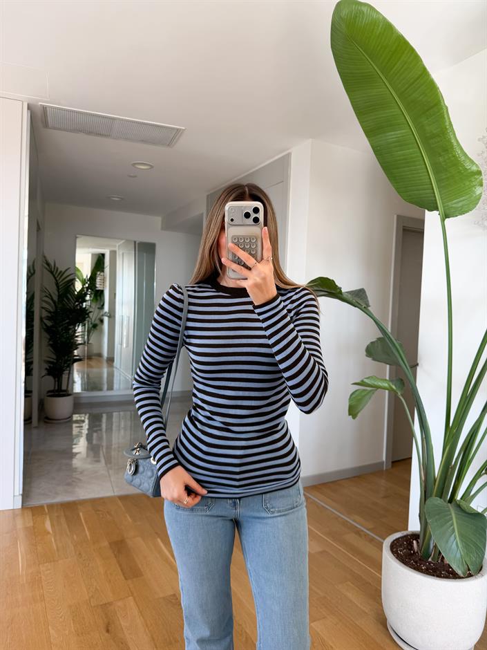 Rita Çizgili Triko Bluz - Kahve Mavi 