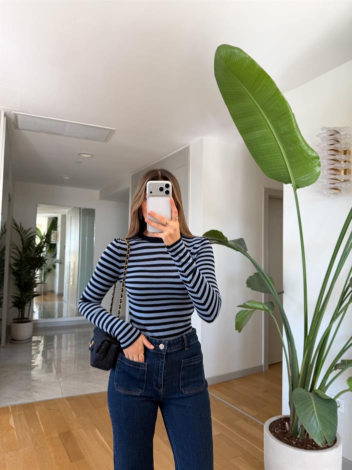 Rita Çizgili Triko Bluz - Lacivert Mavi 