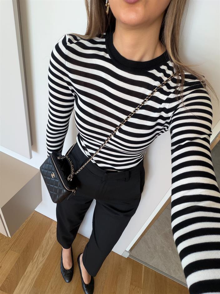 Rita Çizgili Triko Bluz - Siyah Ekru