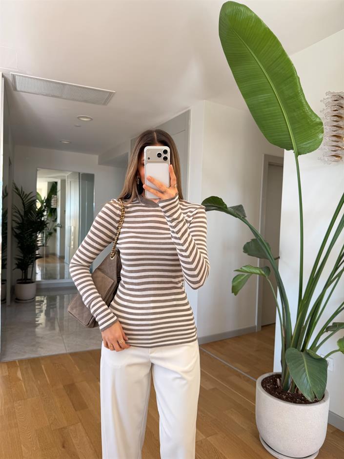 Rita Çizgili Triko Bluz - Vizon Ekru