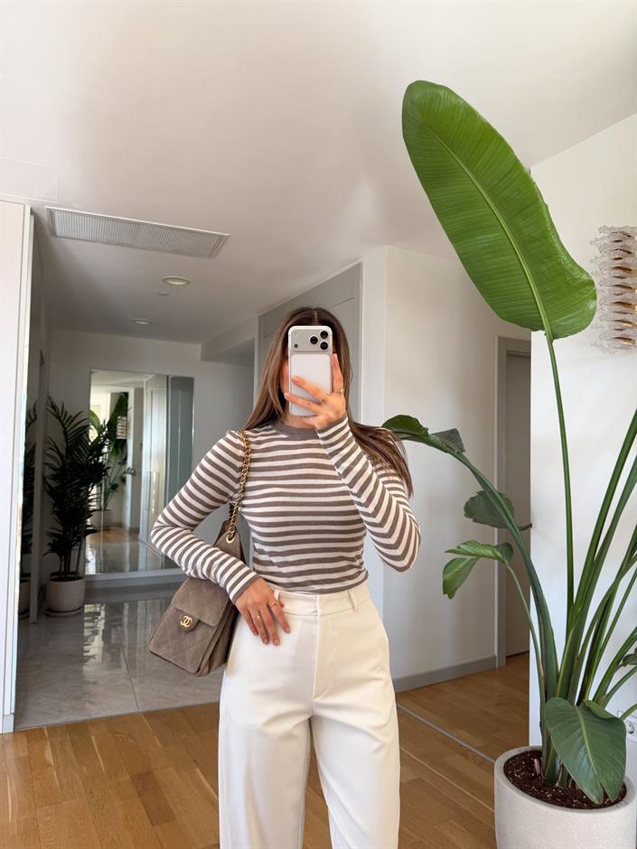 Rita Çizgili Triko Bluz - Vizon Ekru