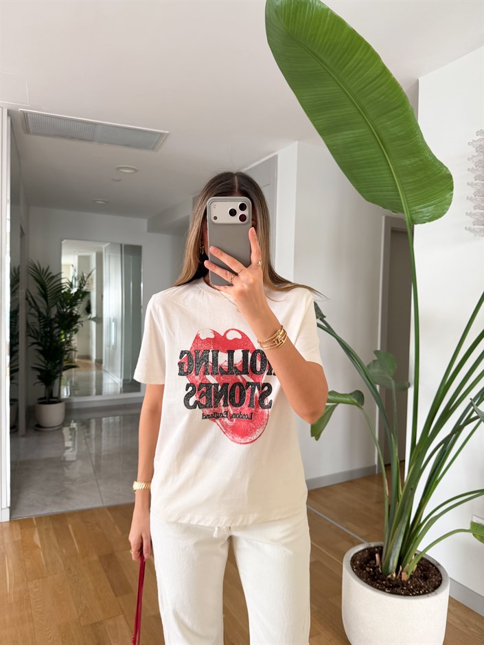 Rolling Stones Baskılı T-shirt - Bej