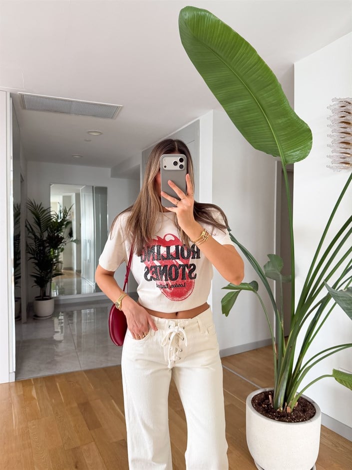 Rolling Stones Baskılı T-shirt - Bej