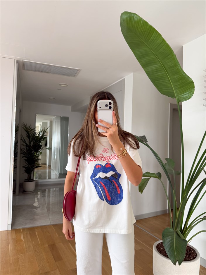Rolling Stones Baskılı T-shirt - Beyaz 
