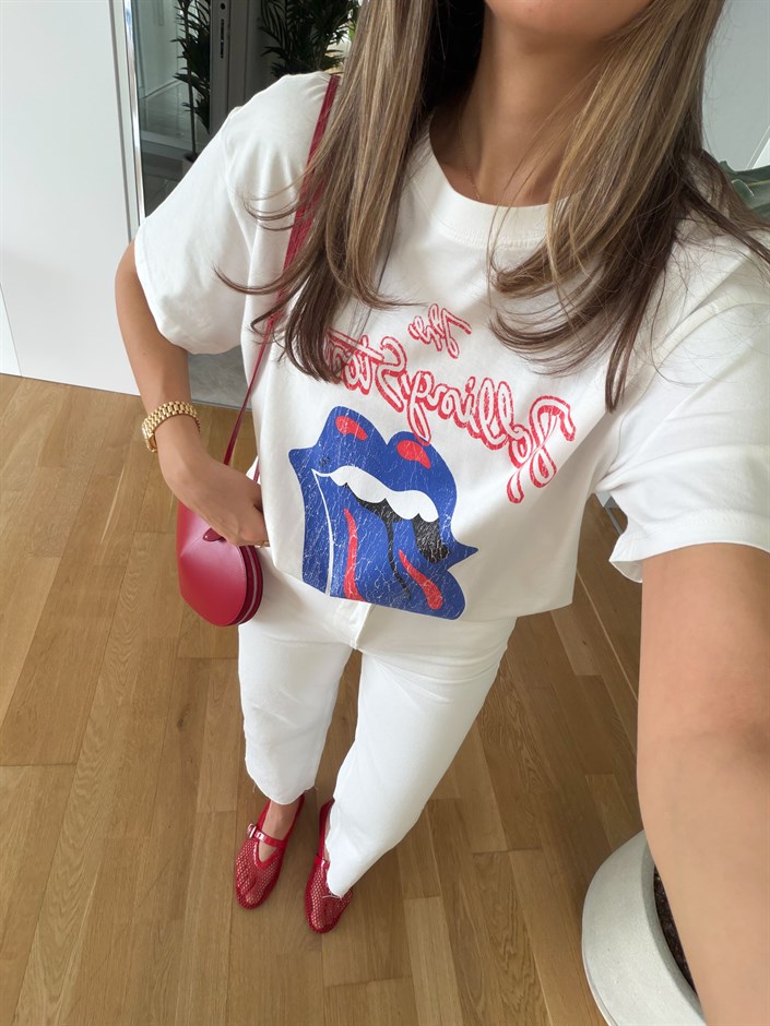 Rolling Stones Baskılı T-shirt - Beyaz 