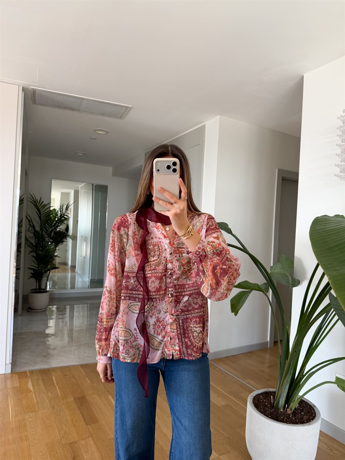 Rory Etnik Desenli Gömlek - Bordo