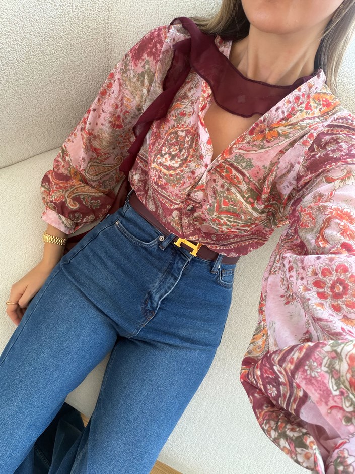 Rory Etnik Desenli Gömlek - Bordo