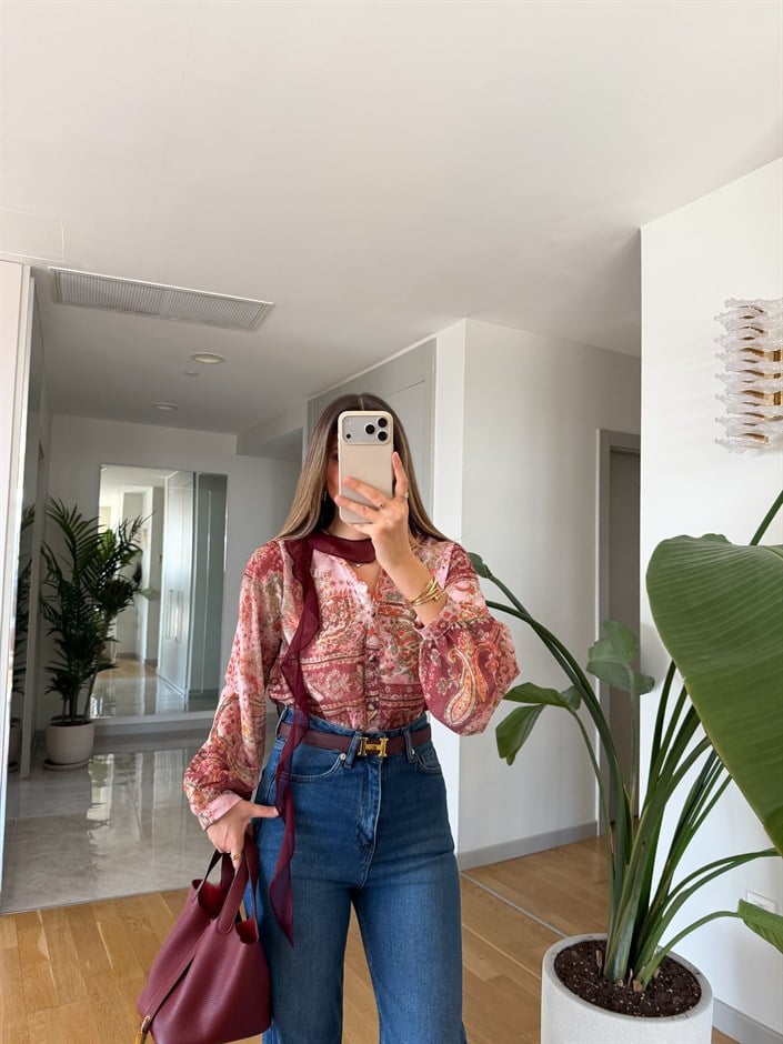 Rory Etnik Desenli Gömlek - Bordo