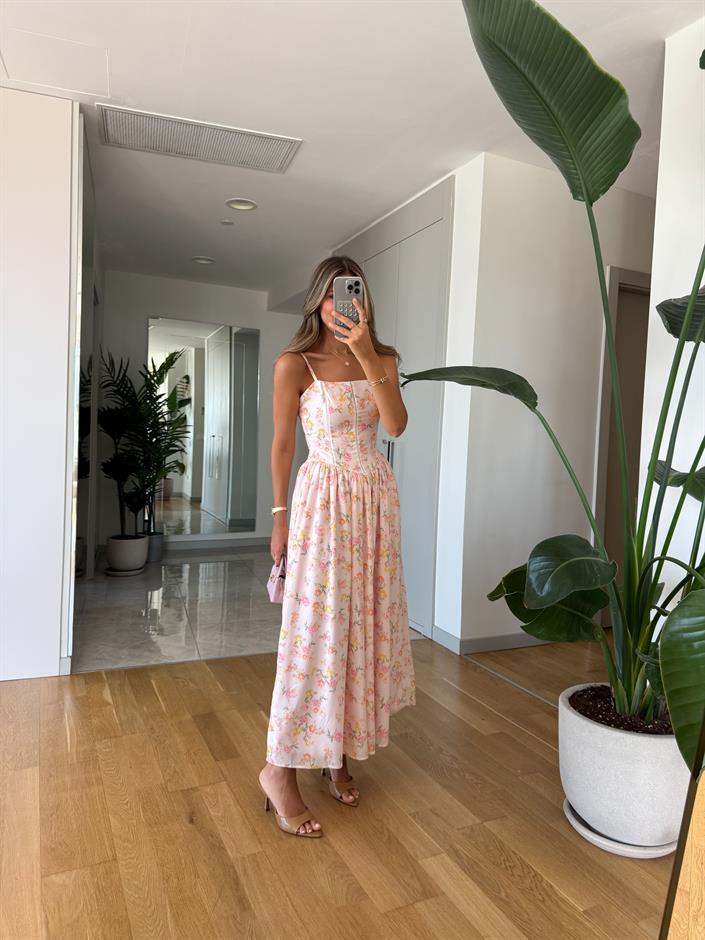 Rosalie Askılı Çiçekli Elbise - Pembe