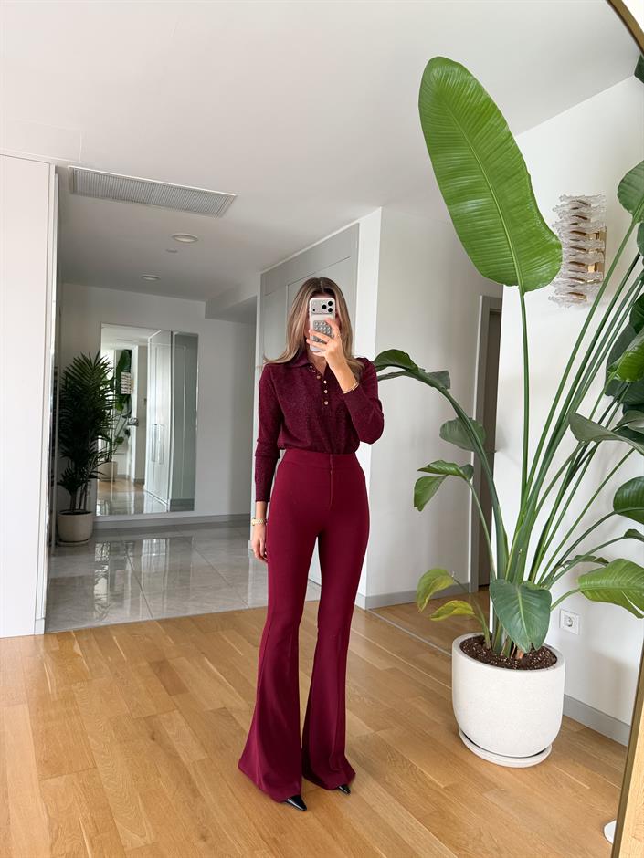 Rose İspanyol Paça Likralı Pantolon - Bordo