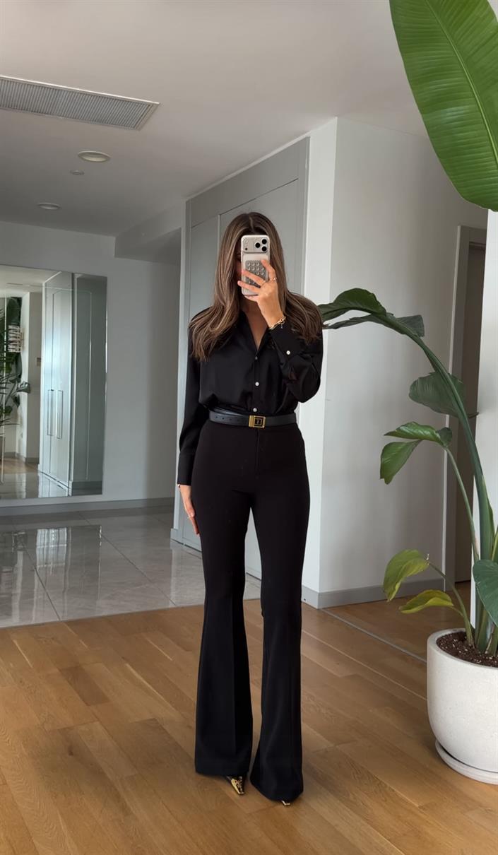 Rose İspanyol Paça Likralı Pantolon - Siyah