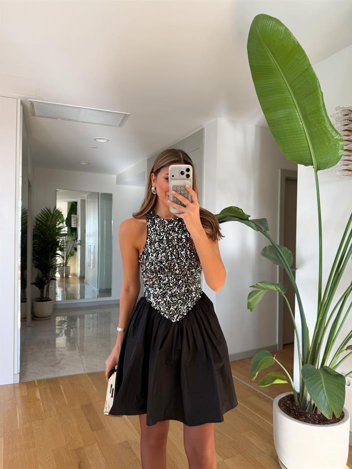 Rose Payetli Mini Elbise - Silver