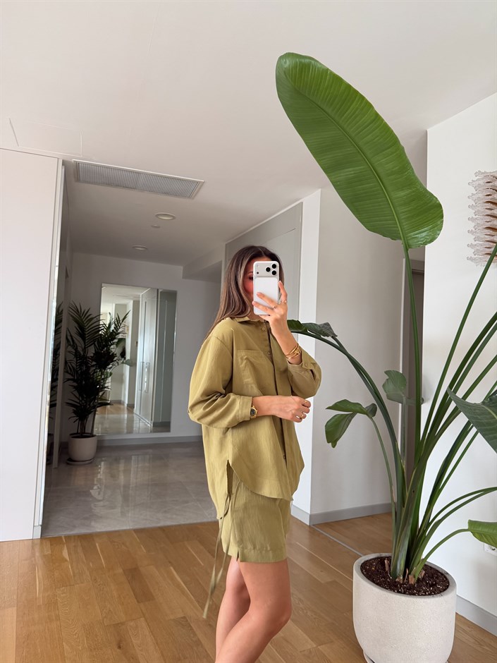 Rosy Keten Kemerli Şort Takım - Açık Yeşil
