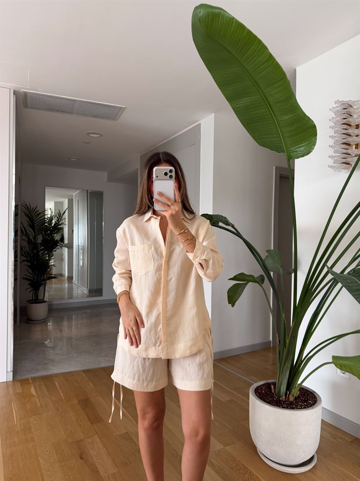 Rosy Keten Kemerli Şort Takım - Krem