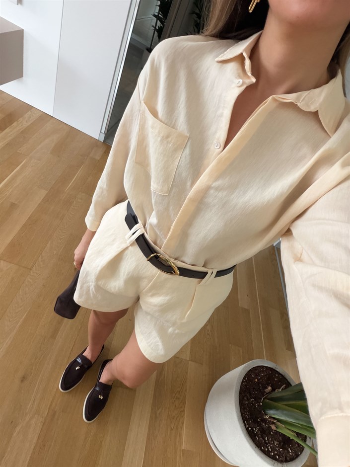 Rosy Keten Kemerli Şort Takım - Krem