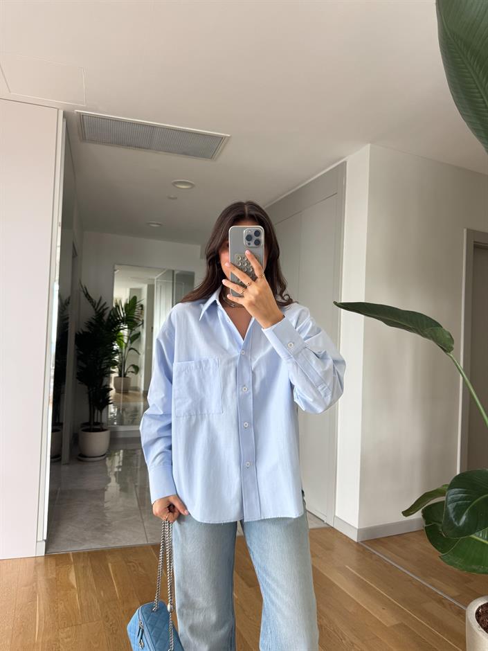 Rv Tek Cepli Poplin Premium Gömlek-Mavi