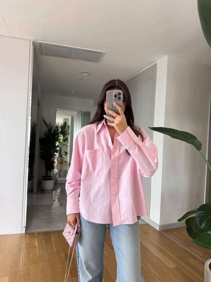 Rv Tek Cepli Poplin Premium Gömlek-Pembe