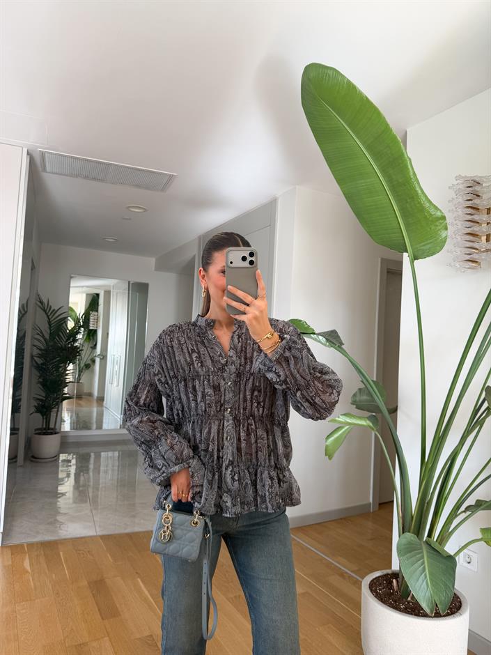 Şal Desenli Şifon Gömlek - Siyah