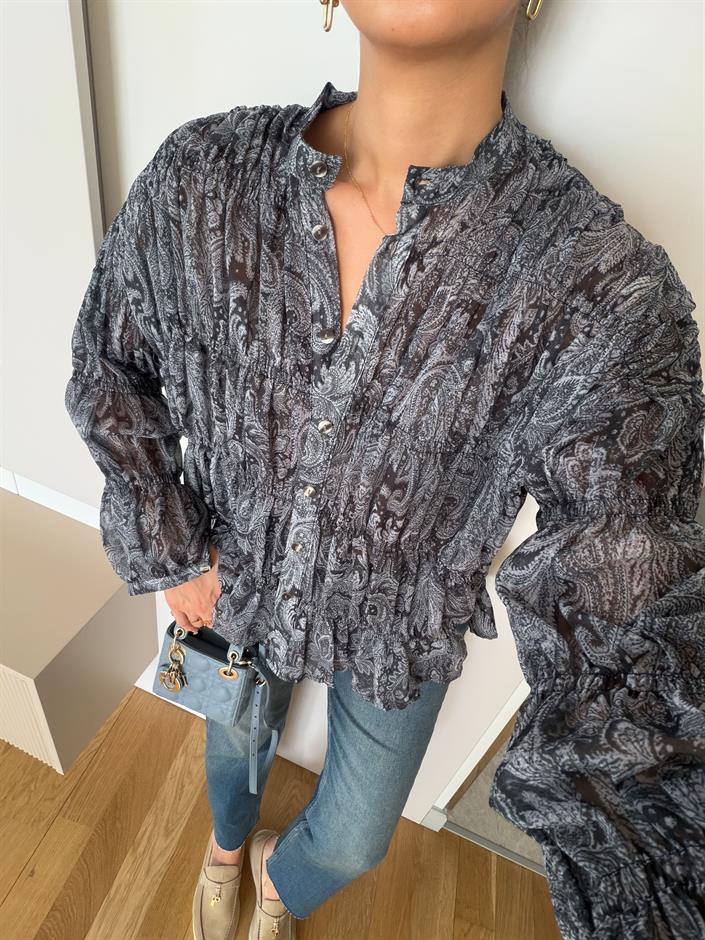 Şal Desenli Şifon Gömlek - Siyah