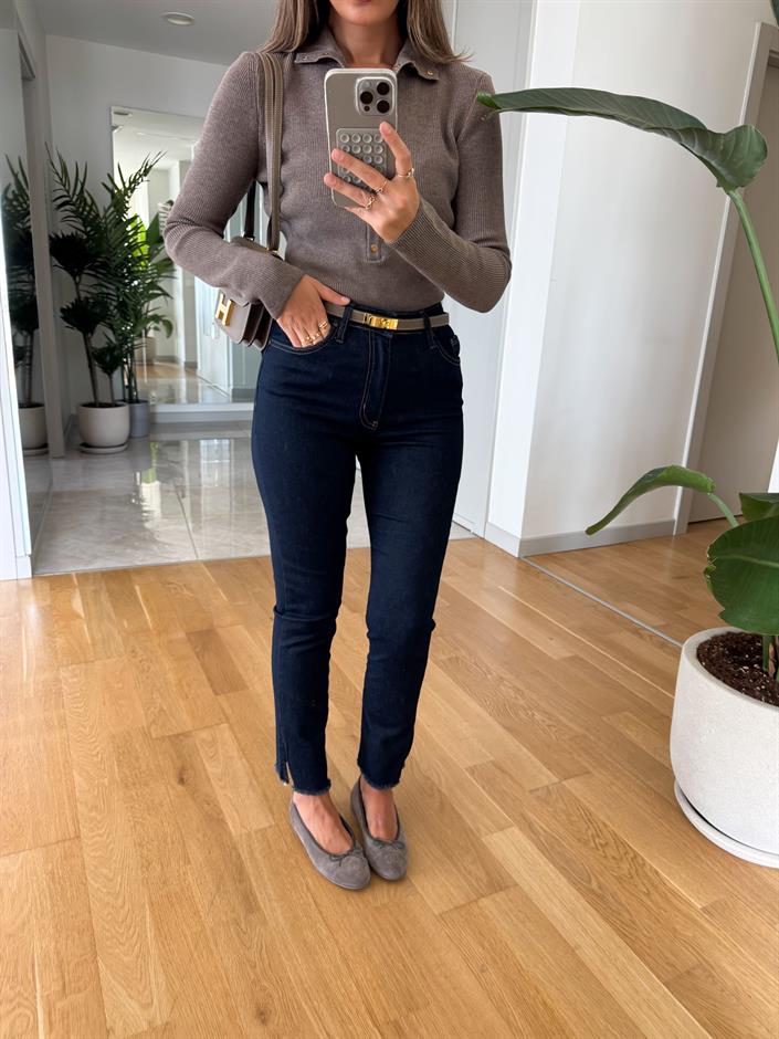 Sandie Paçası Yırtmaçlı Püsküllü Jean - Lacivert