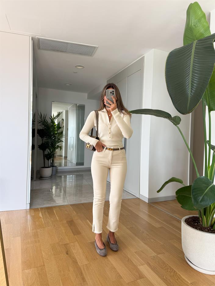 Sandie Paçası Yırtmaçlı Püsküllü Jean - Naturel