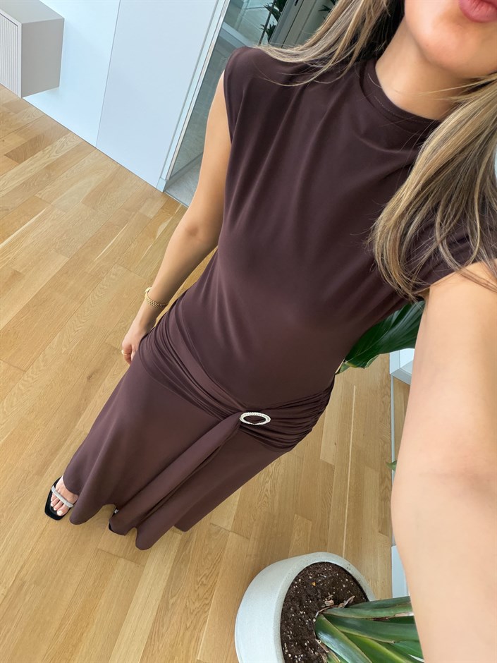 Sandy Toka Detaylı Elbise - Kahve