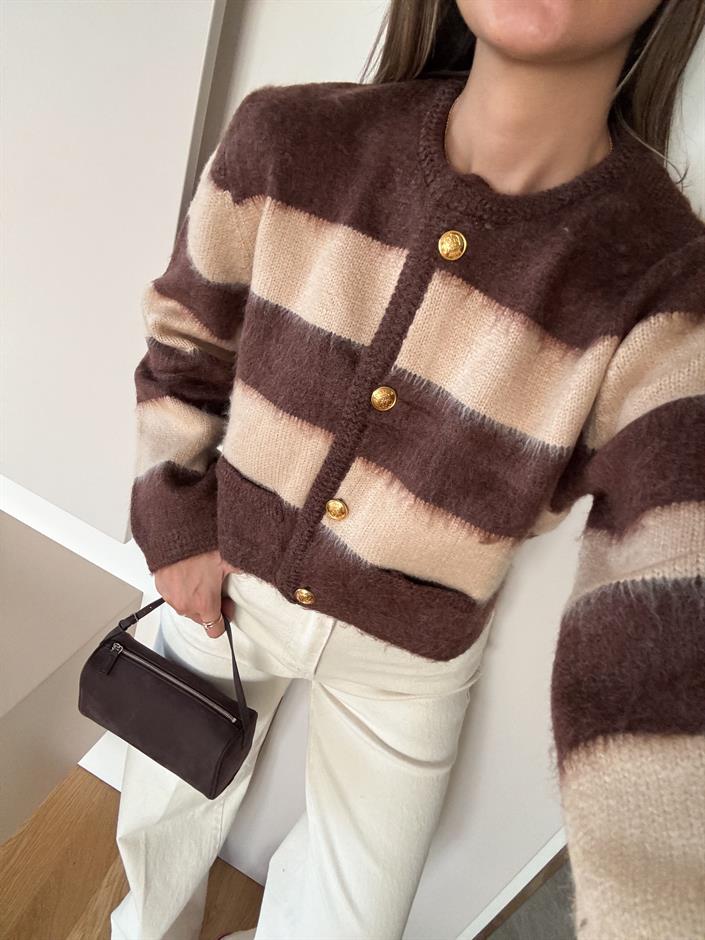 Şardonlu Gold Düğmeli Çizgili Hırka - Kahve