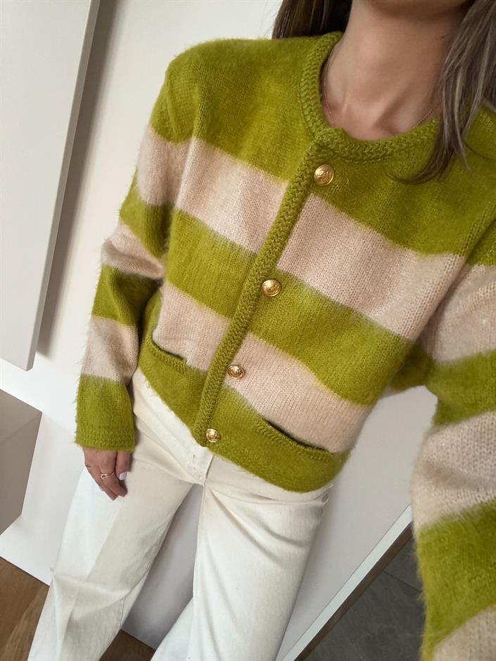 Şardonlu Gold Düğmeli Çizgili Hırka - Yeşil