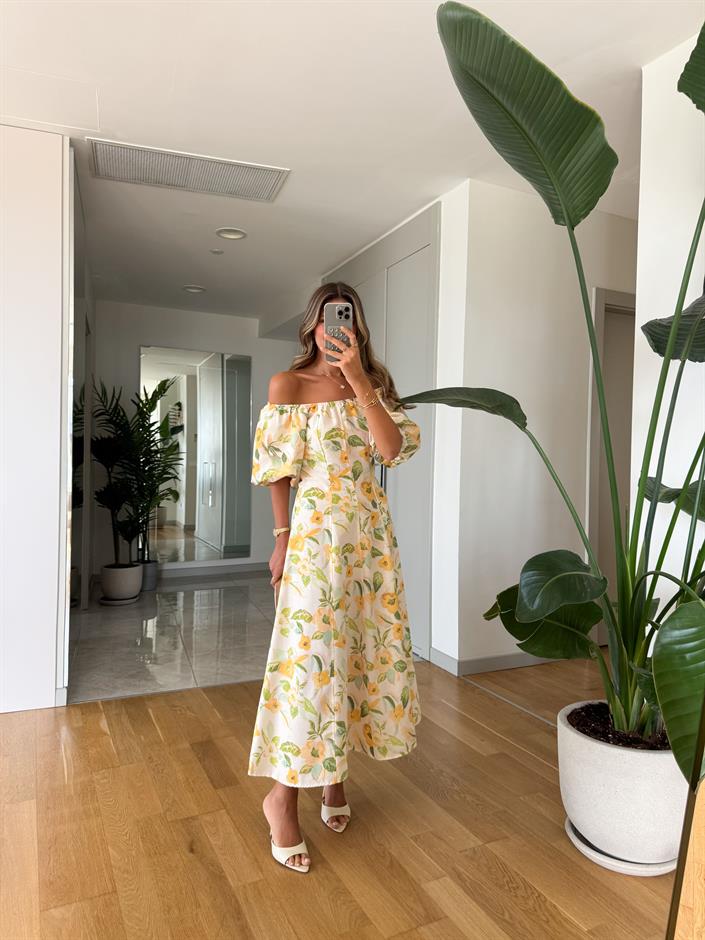 Sarı Çiçekli Karpuz Kol Elbise