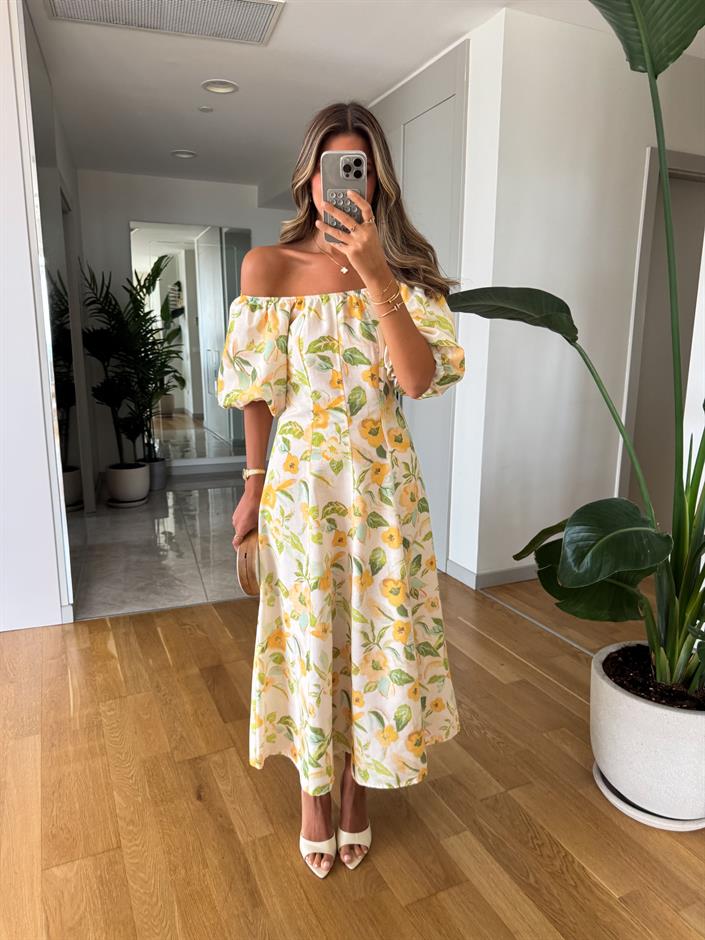 Sarı Çiçekli Karpuz Kol Elbise