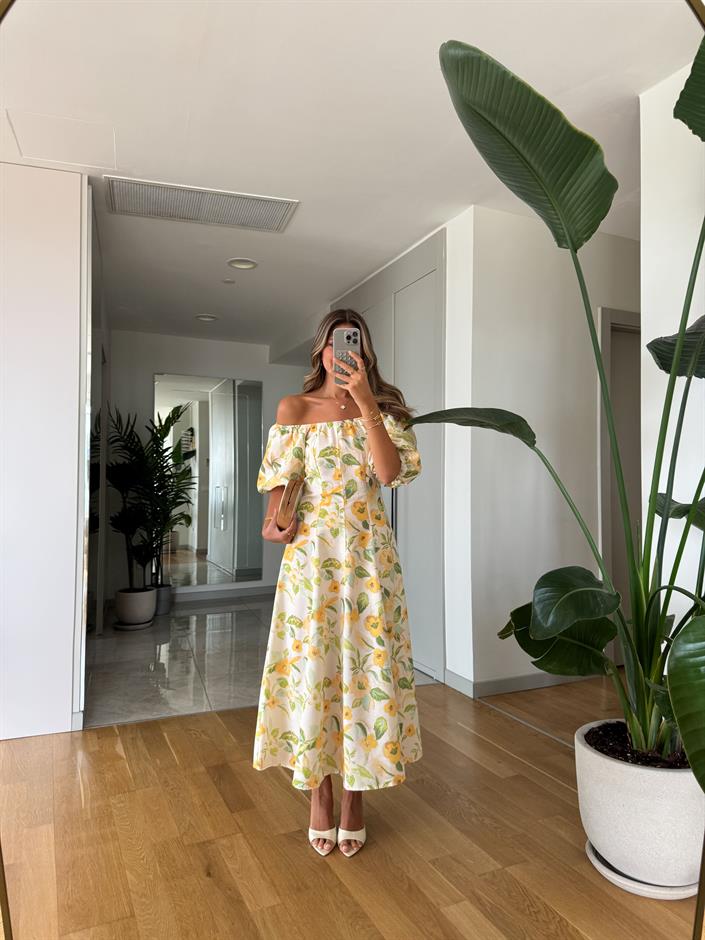 Sarı Çiçekli Karpuz Kol Elbise