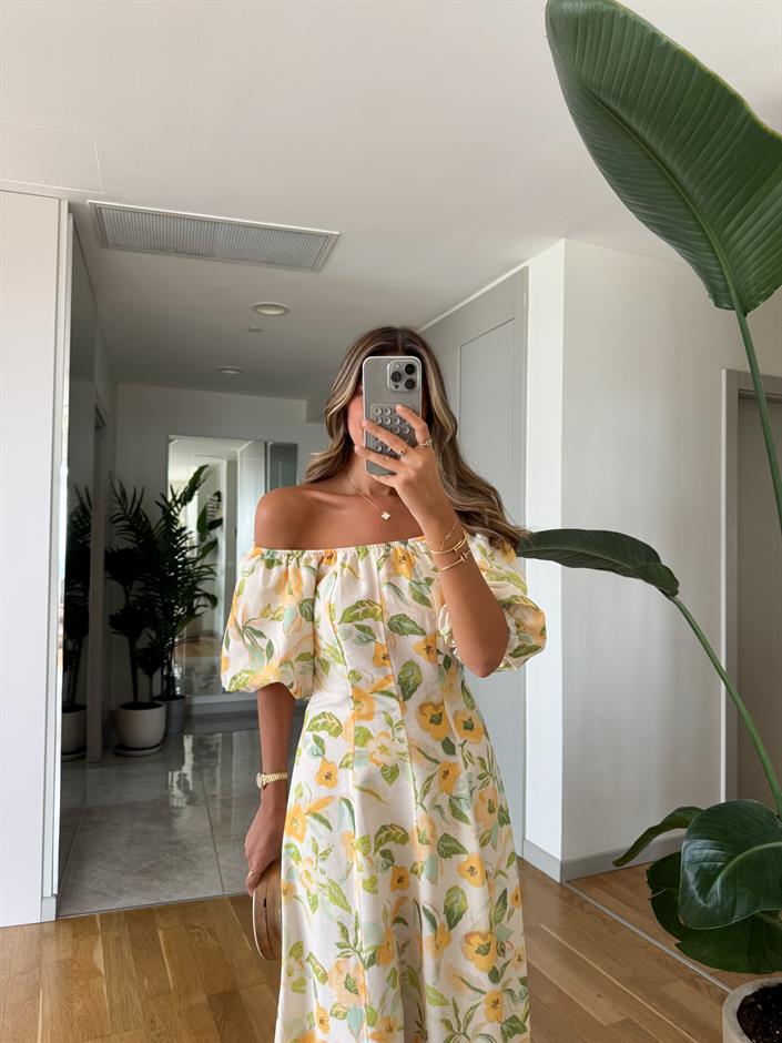 Sarı Çiçekli Karpuz Kol Elbise