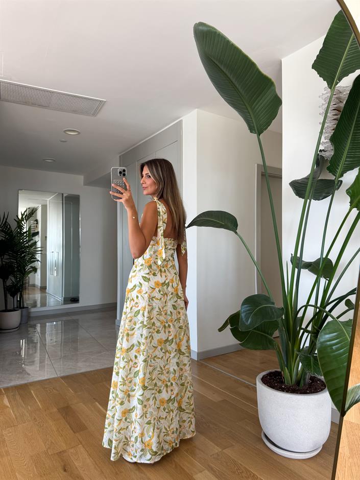 Sarı Çiçekli Omuz Bağlamalı Elbise 