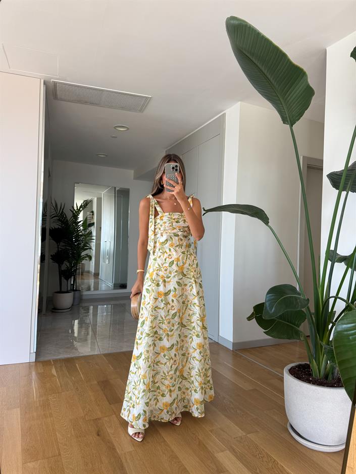 Sarı Çiçekli Omuz Bağlamalı Elbise 