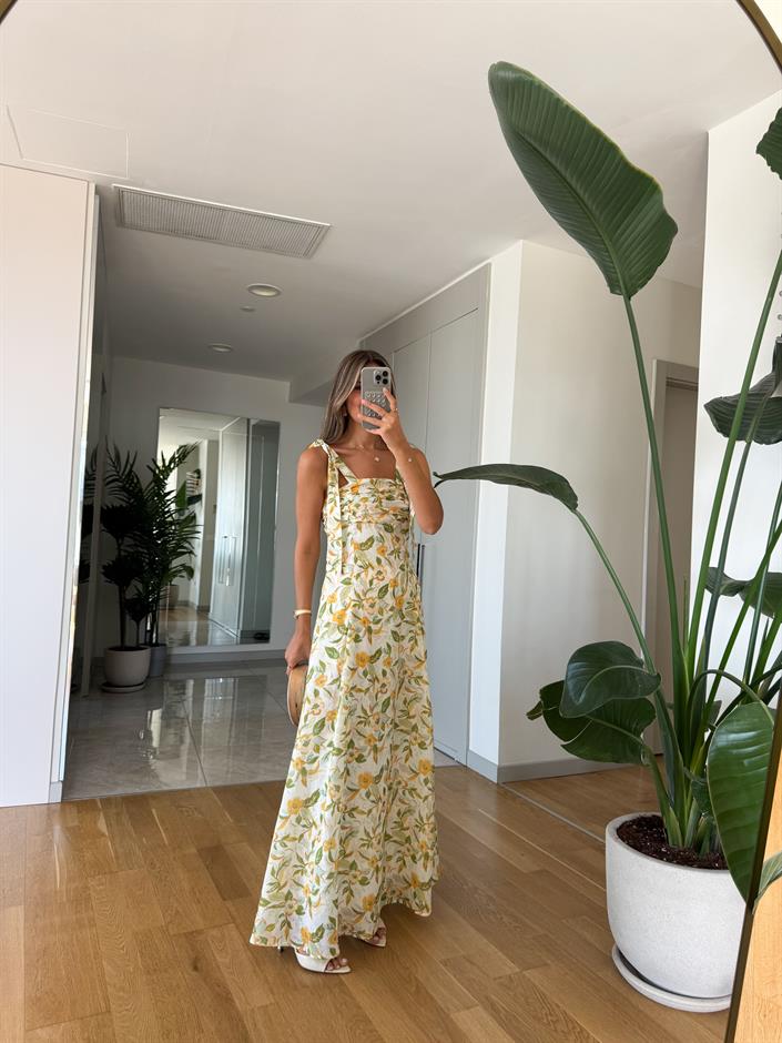 Sarı Çiçekli Omuz Bağlamalı Elbise 