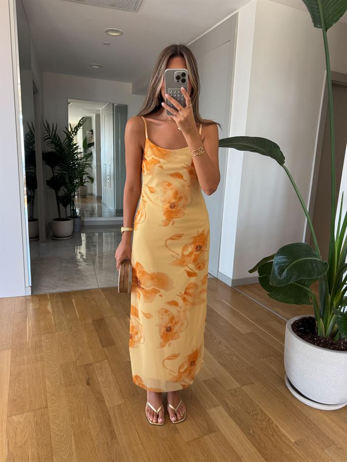 Sarı Çiçekli Tül Elbise